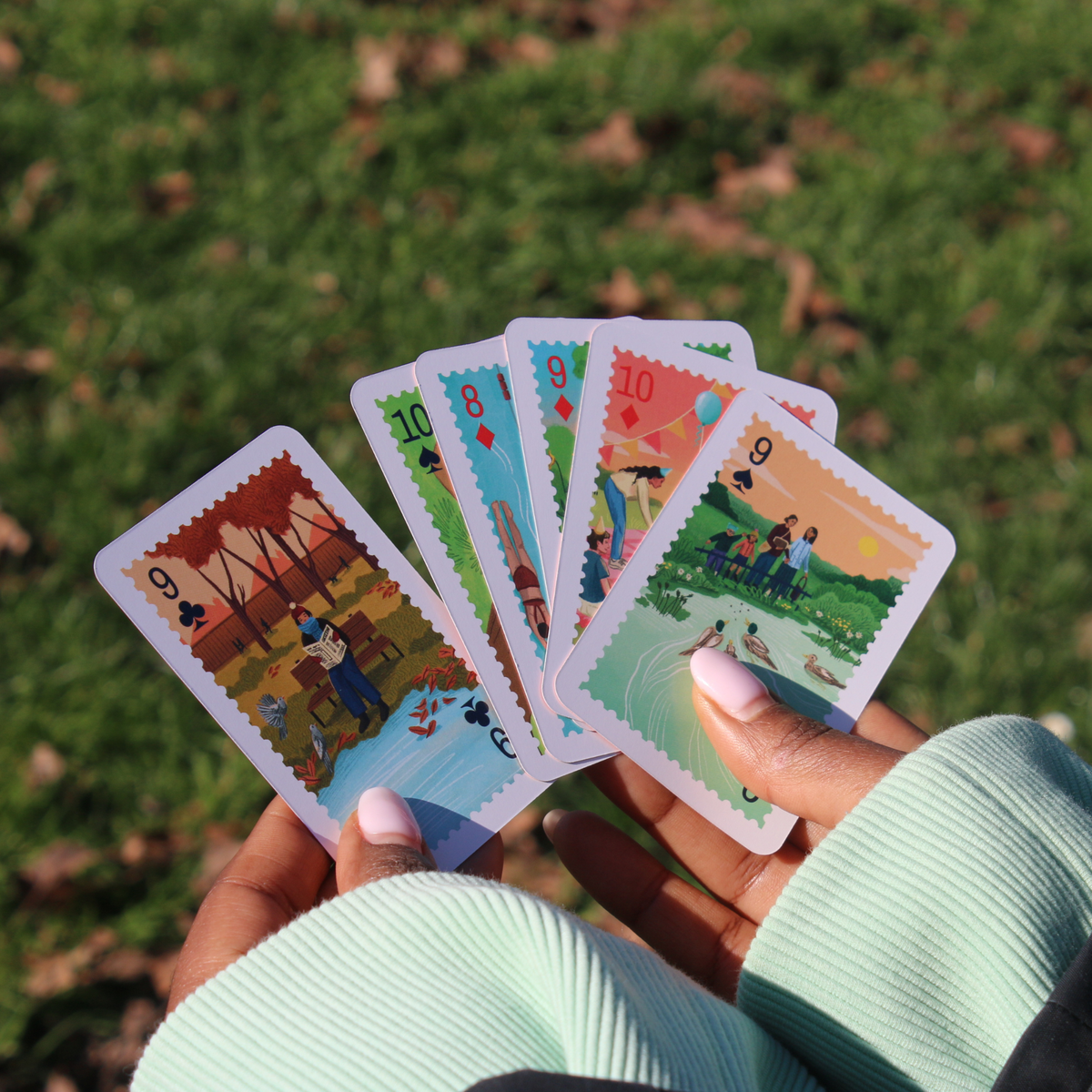 Unique London park scenes on playing cards