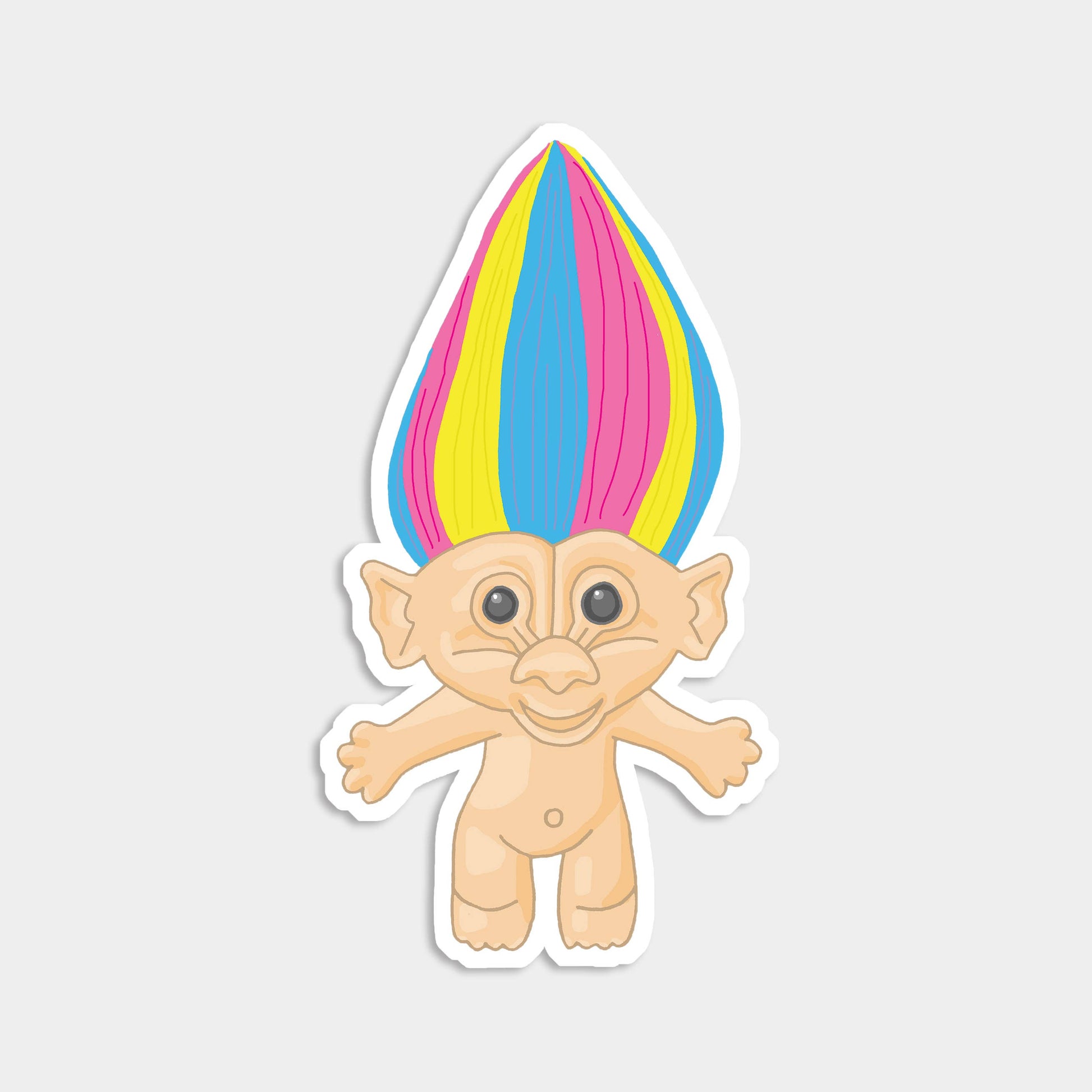 Hand-drawn rainbow haired troll vinyl sticker – retro 90s doll with wild rainbow hair, perfect for laptops, water bottles, and collectors of vintage pop culture.