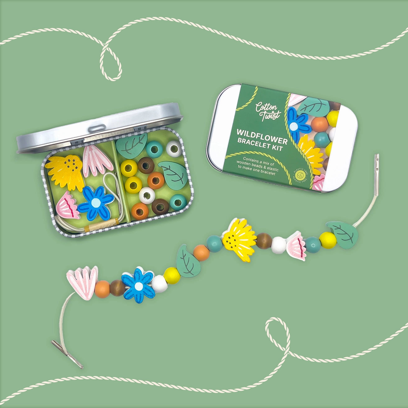 Wildflower bracelet making kit in a rectangular hinged tin, featuring wooden beads and elastic.