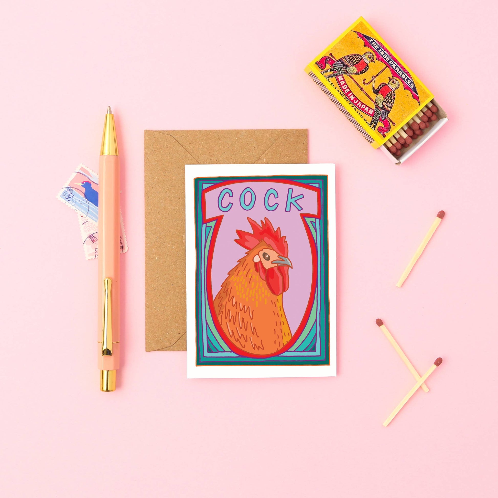 Hand-drawn cocky cockerel greeting card with bold "Cock." front text; mini A7 size, sustainable UK card printed on premium Tintoretto Gesso paper.