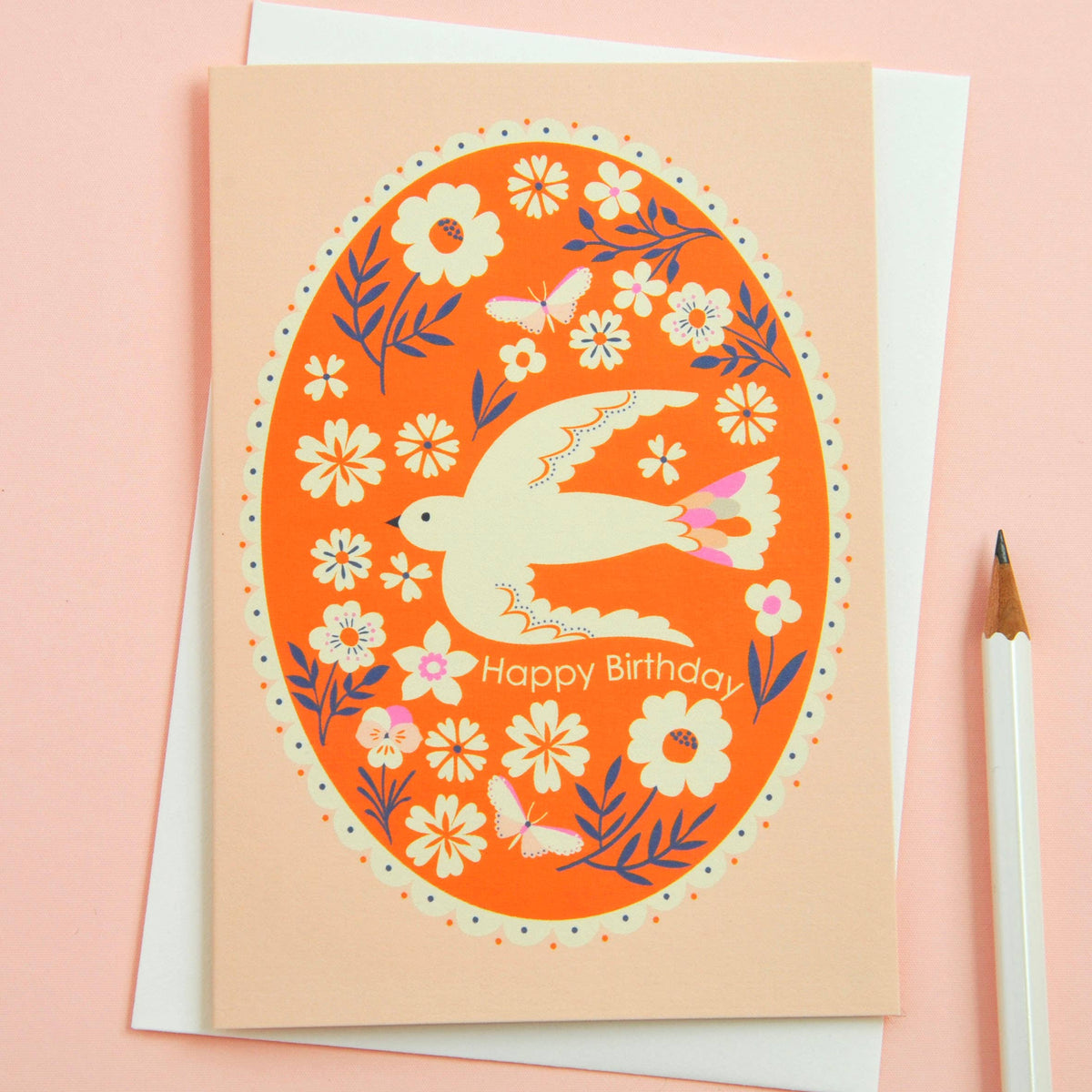 Floral and bird border Happy Birthday greetings card in coral and tangerine