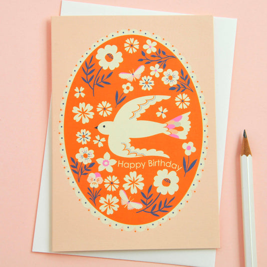 Floral and bird border Happy Birthday greetings card in coral and tangerine