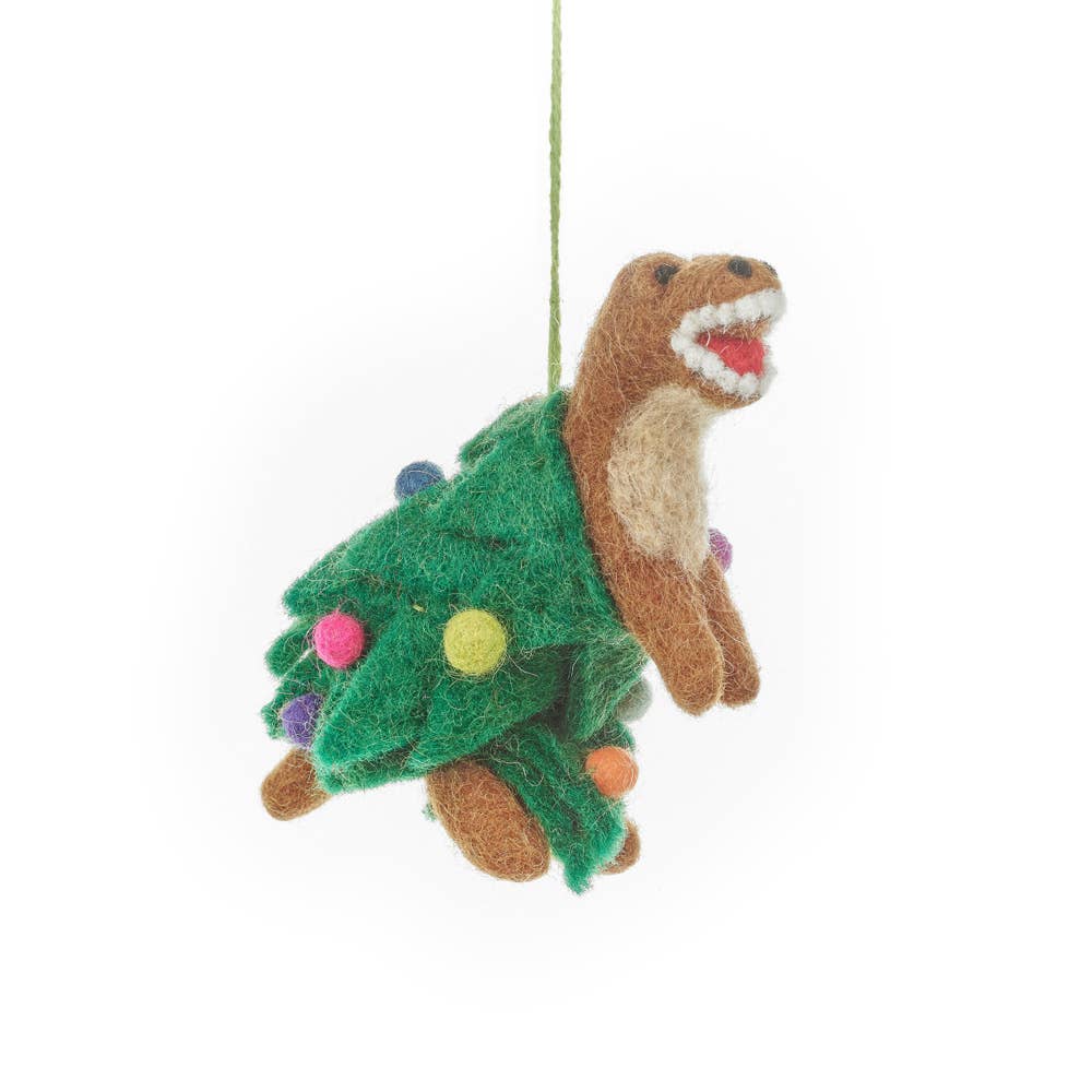 Close-up of fair trade felt Tree-Rex dinosaur in Christmas tree costume