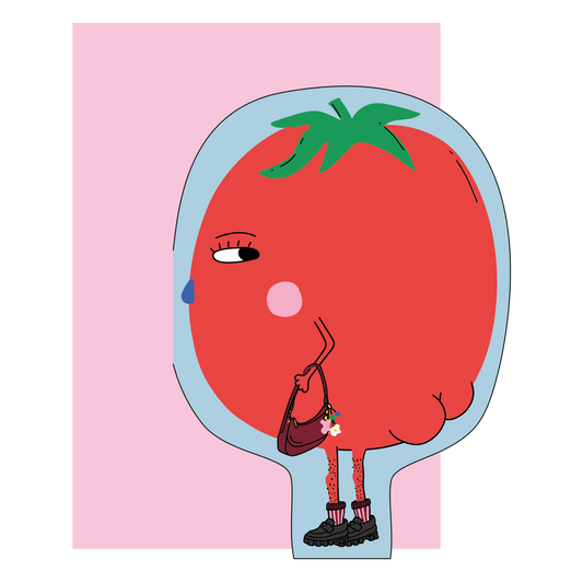 Eat the Moon Hey Tomato! Die Cut Greeting Card front with playful tomato design