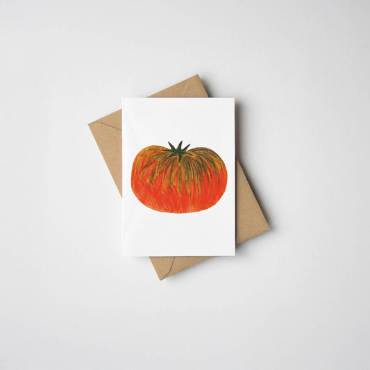 Hand-illustrated mini tomato greeting card by James Barker—vibrant red tomato artwork, A7 size, premium G.F Smith Ultrawhite Superfine card, with Kraft envelope.