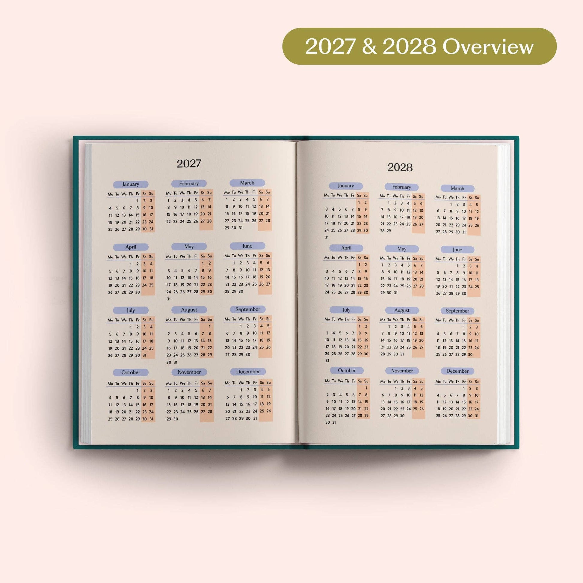 Inside layout of 2027 Teal Diary showing week to view pages