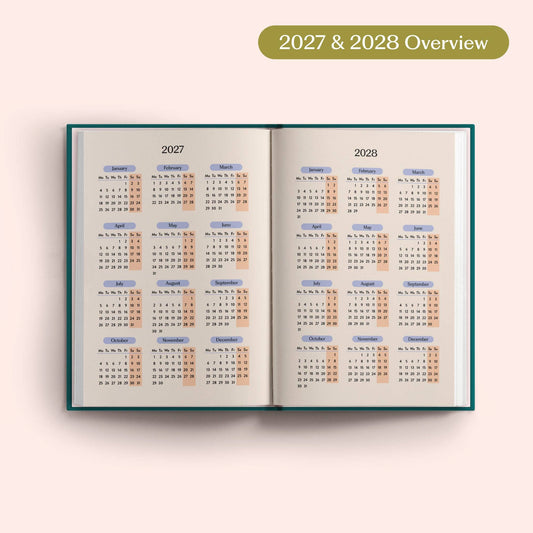 Inside layout of 2027 Teal Diary showing week to view pages
