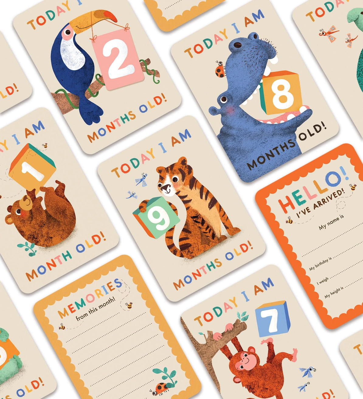 Thirteen illustrated baby milestone cards featuring colourful animal designs