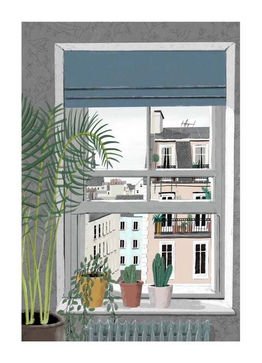 The View greeting card by Not at all Jack with cityscape view from open window and plants.