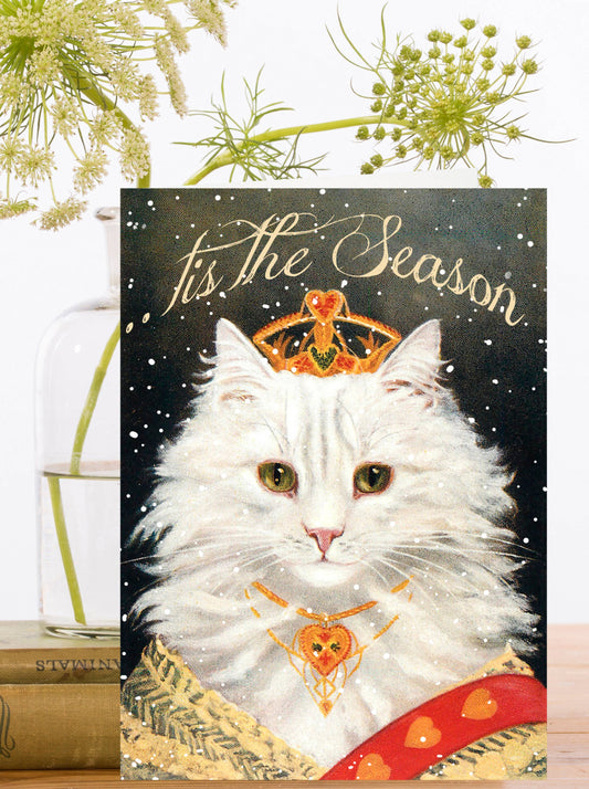 Madame Treacle Vintage White Cat Christmas Card with vintage crown illustration on sustainably certified card