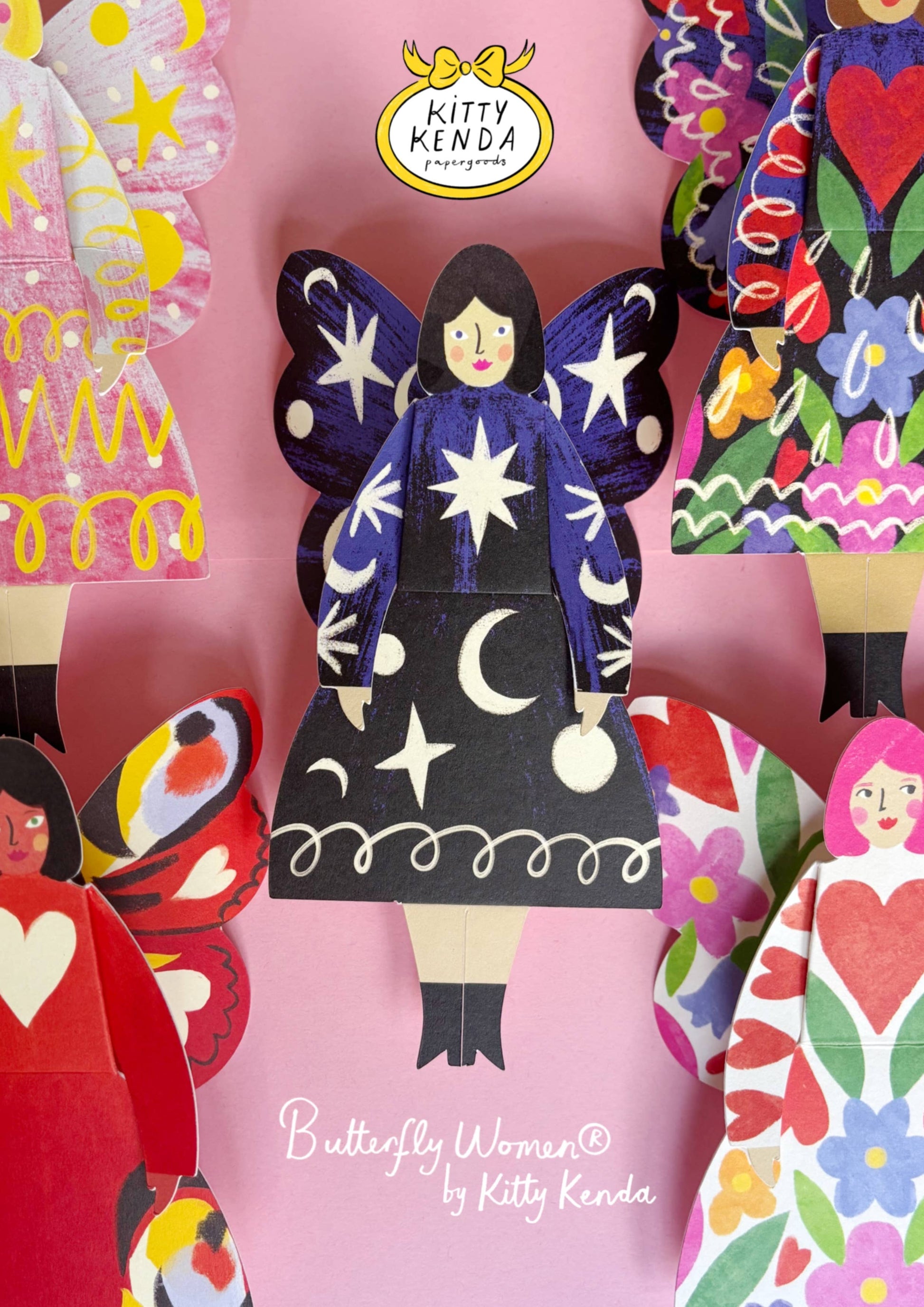 Butterfly Woman Sitting Greeting Card in Cosmic design, 3D foldable, Kitty Kenda Papergoods, UK-made
