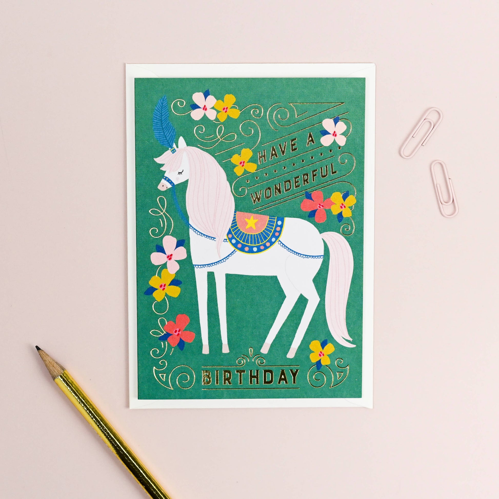 Sustainable horse-themed kid’s birthday card with luxury kraft envelope, made in the UK