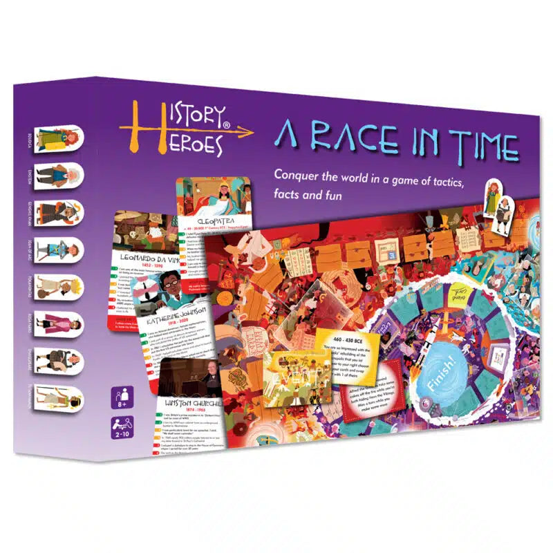 The image shows the packaging of the History Heroes Board Game titled 'A Race In Time'. The box is colorful, featuring illustrations of historical figures and elements of the game, such as a game board and cards.