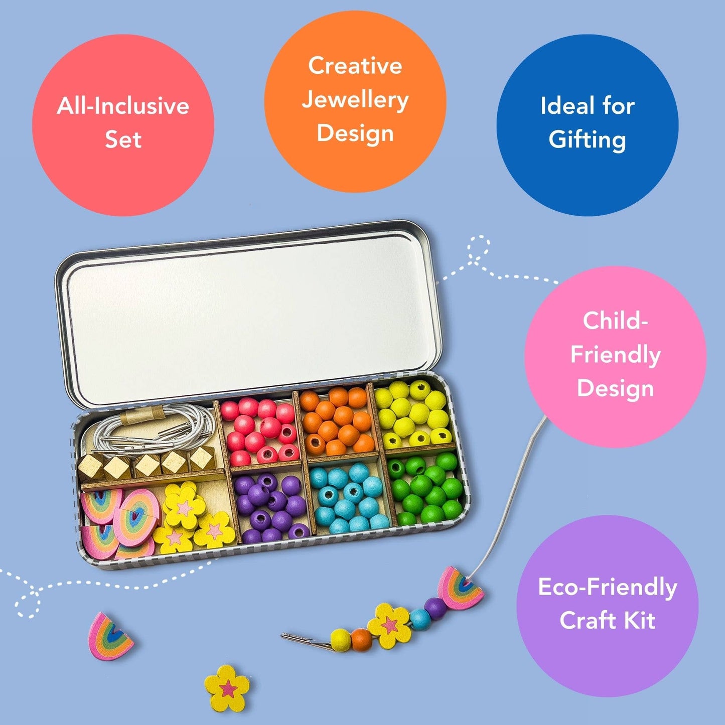 Contents of Cotton Twist Rainbow Bracelet Kit: wooden beads, elastics, and reusable storage tin