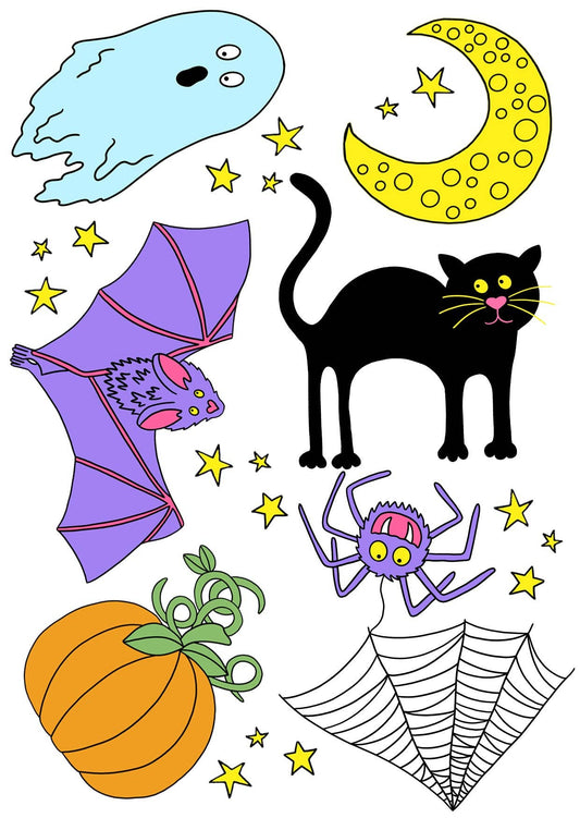 Close-up of Neon Magpie Halloween transfer tattoos applied on skin, demonstrating vibrant colours and easy application for kids and adults.