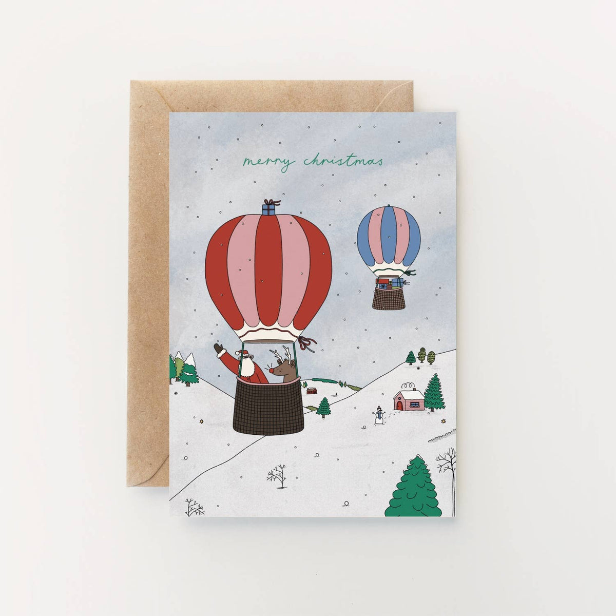Hot Air Balloon Christmas Card featuring Santa and Rudolph