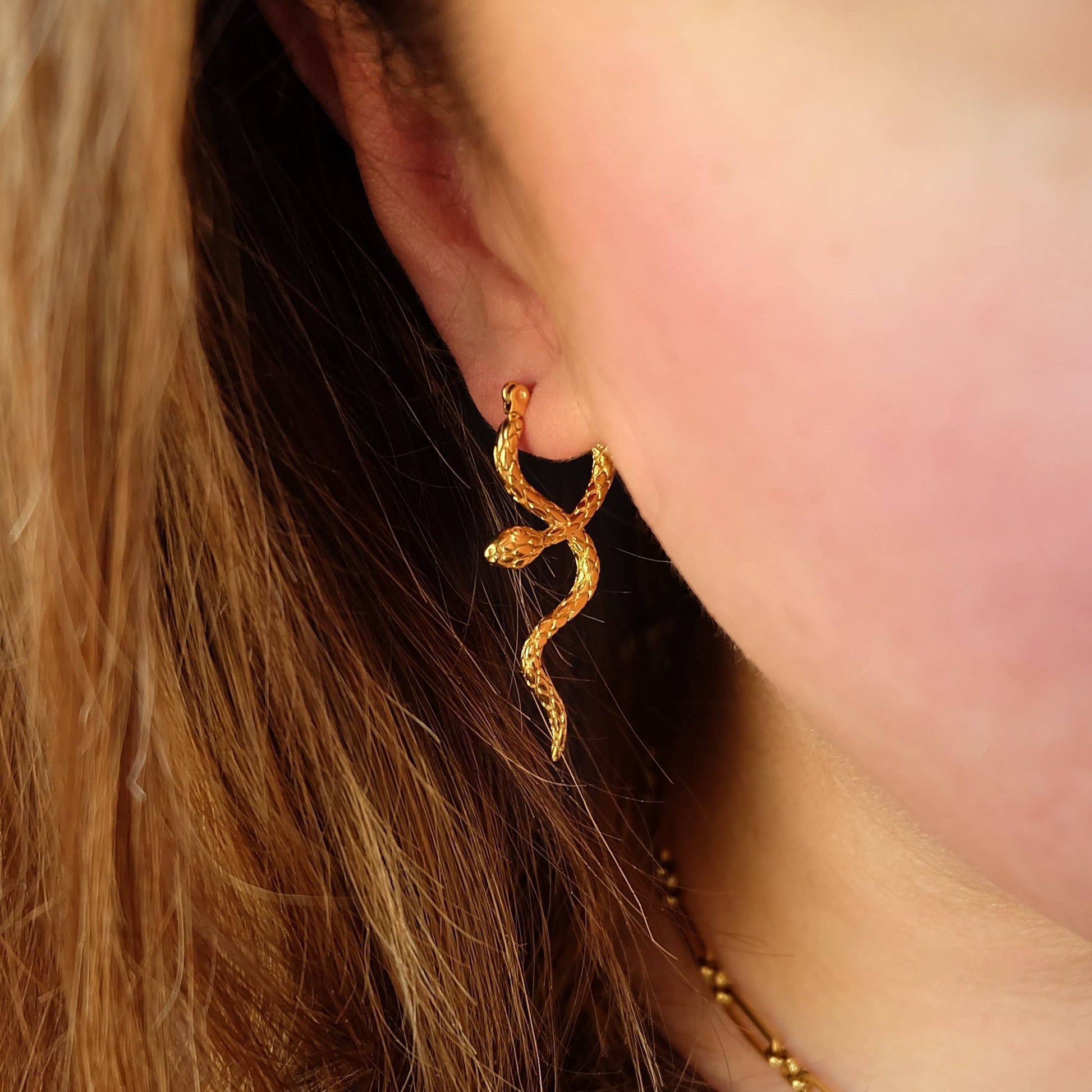 Sustainable gold stainless steel snake earrings for women