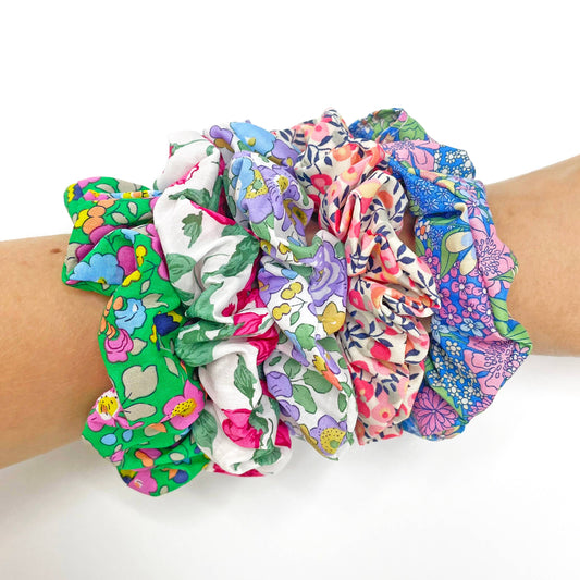 Close-up of a silky Liberty Tana Lawn hair scrunchie