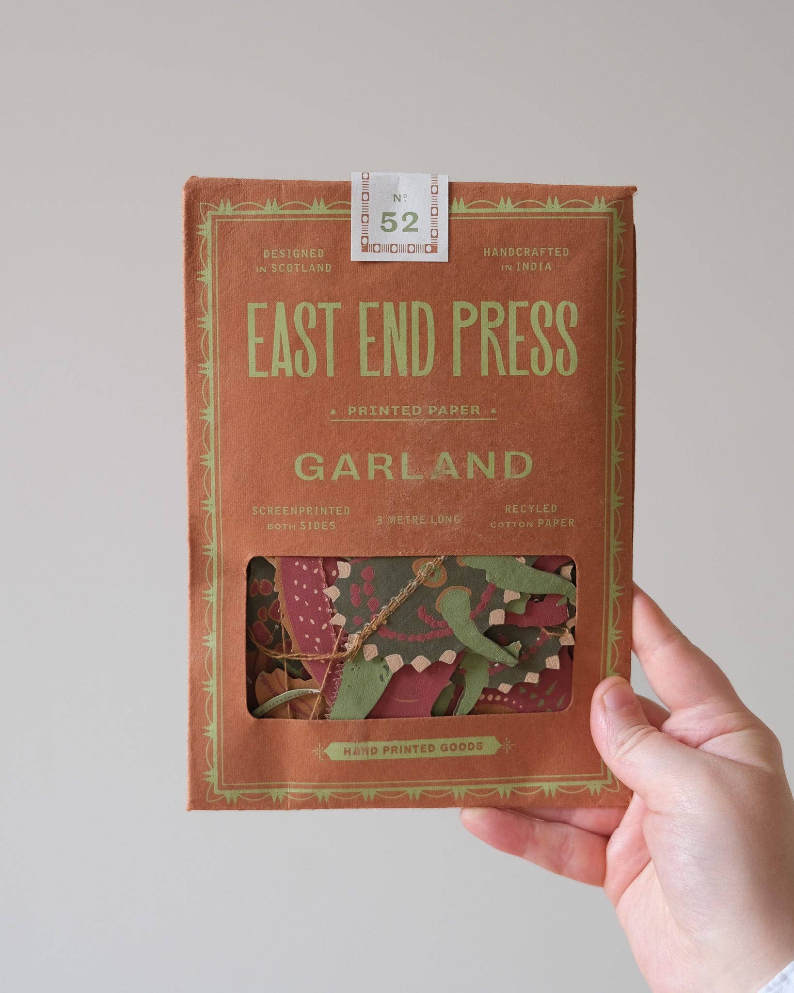 East End Press Dinosaur Garland with 10 colourful hand-printed dinosaurs on recycled paper, 3 metres long