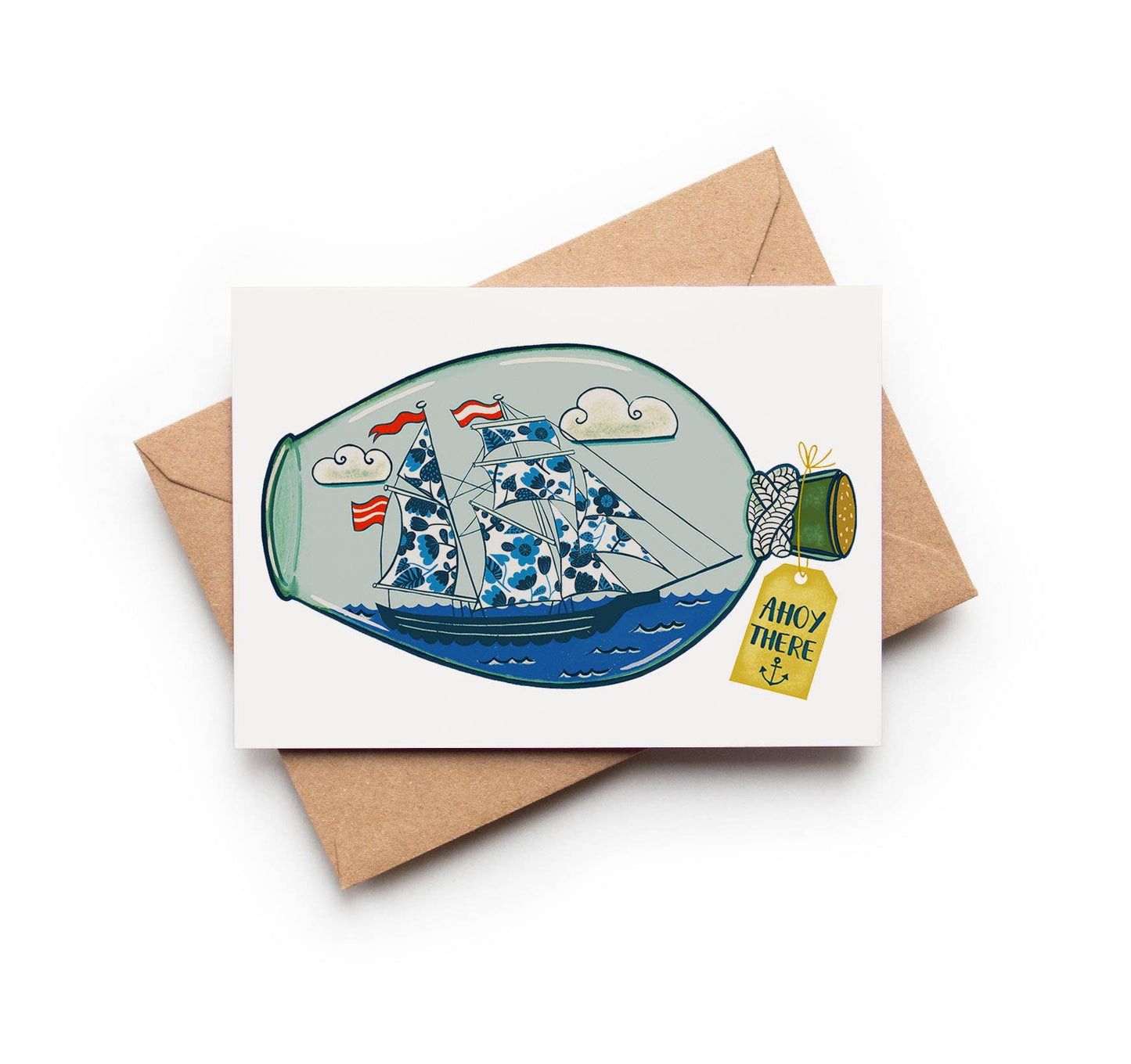 Ahoy There Ship in a Bottle A6 Greetings Card with Kraft Envelope
