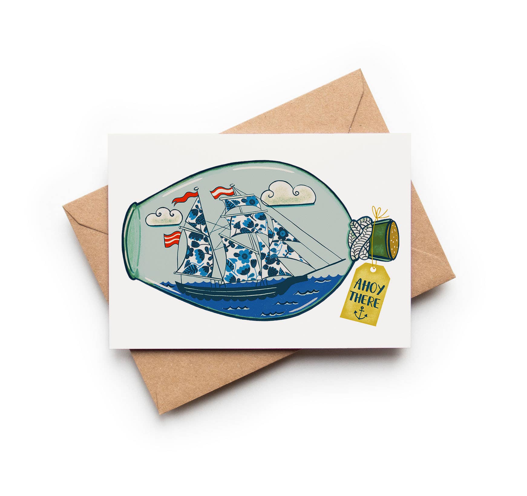Ahoy There Ship in a Bottle A6 Greetings Card with Kraft Envelope