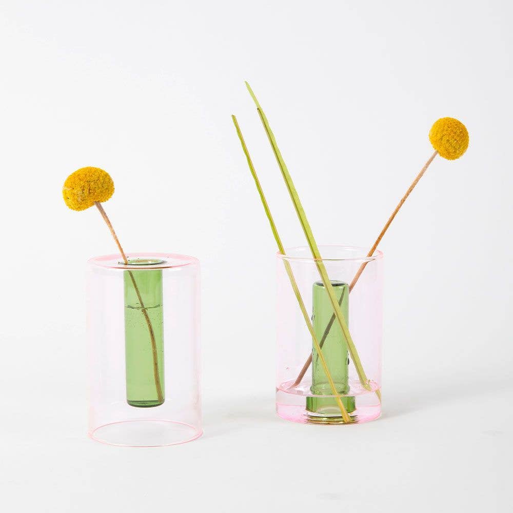 Block Design Small Reversible Glass Vase with posy arrangement