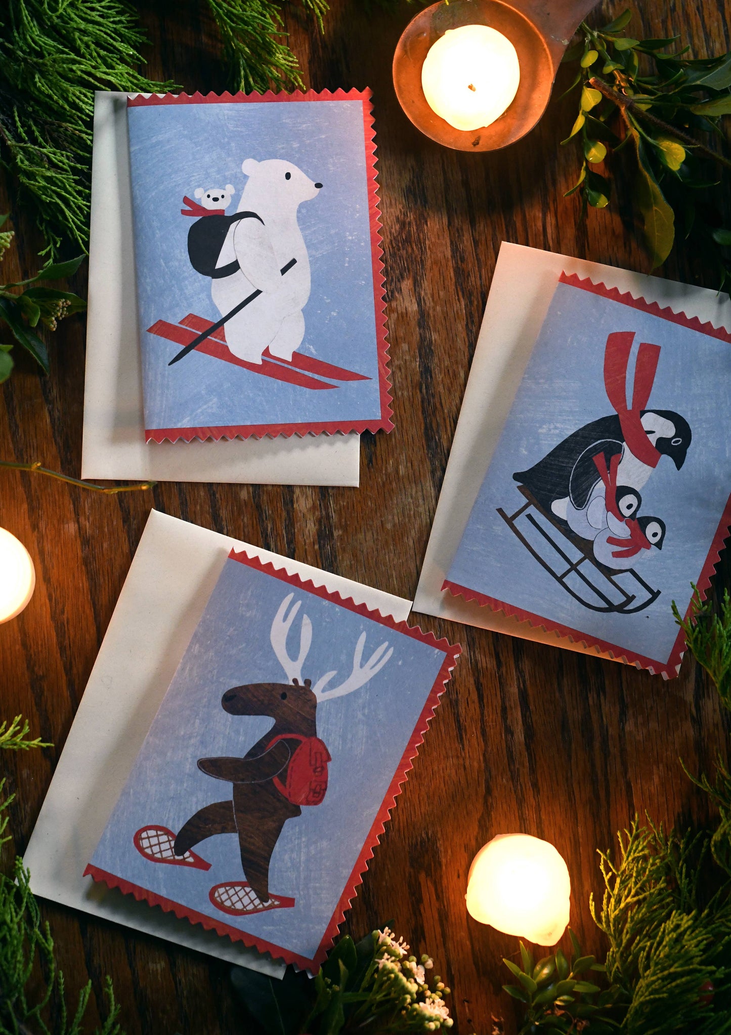 Back of snowshoeing deer card with recycled vegan envelope