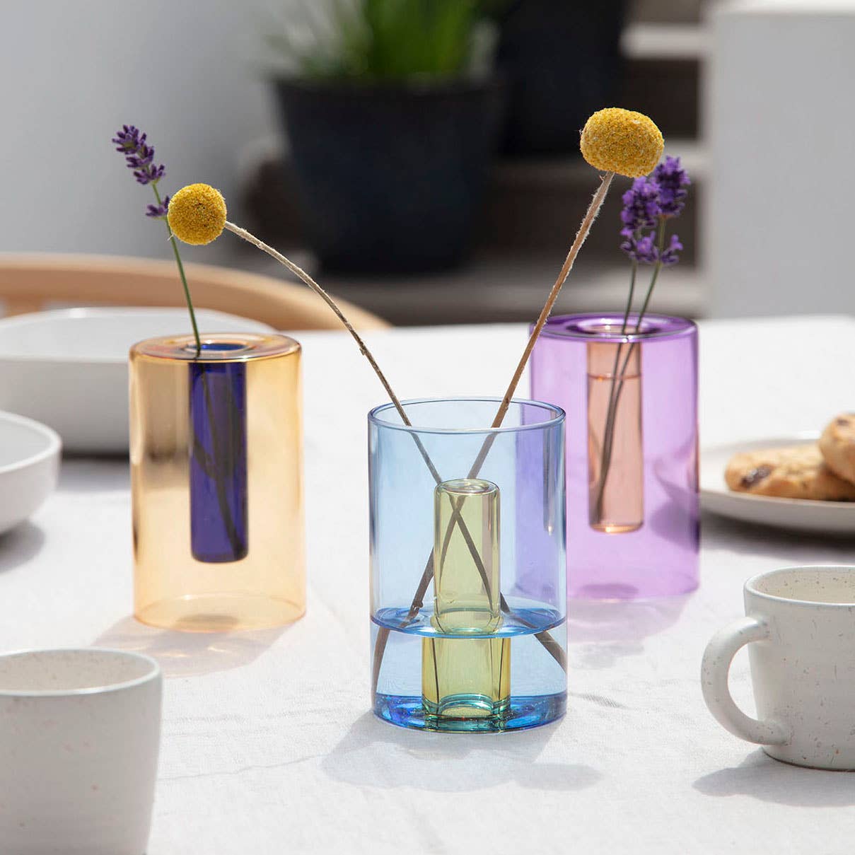 Block Design Small Reversible Glass Vase with posy arrangement
