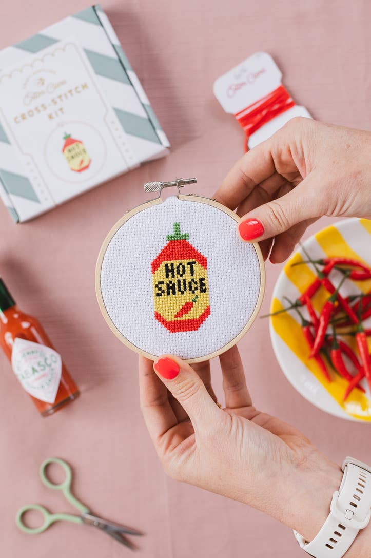 Plastic-free packaging box for hot sauce cross stitch kit