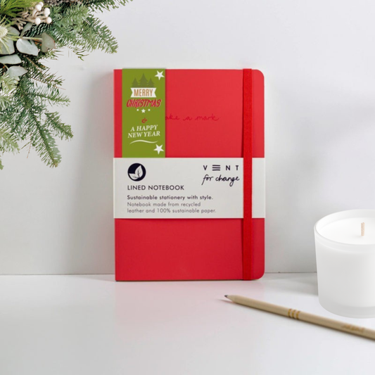 A5 recycled leather Christmas notebook with festive page marker