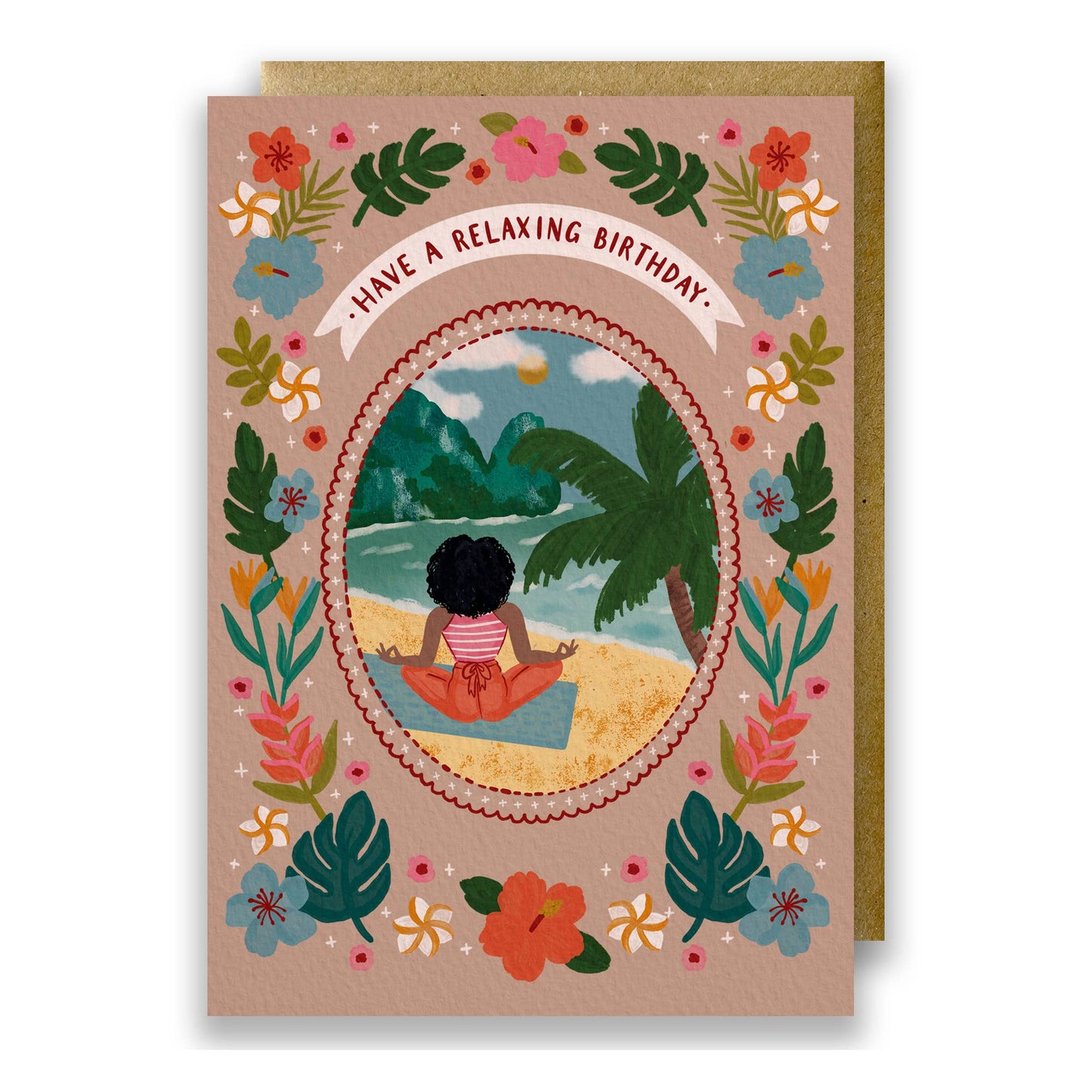 Tropical beach yoga birthday card illustration