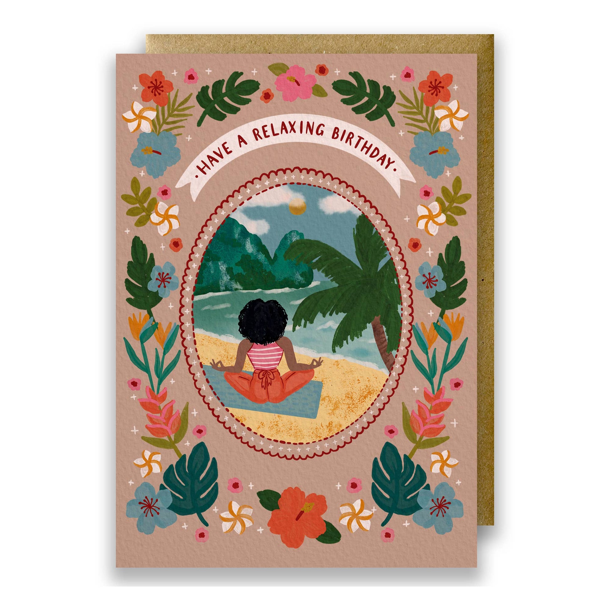 Tropical beach yoga birthday card illustration