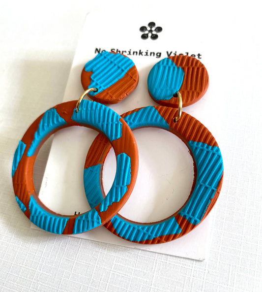 Large polymer clay hoop earrings with turquoise &amp; terracotta colours, and texture.
