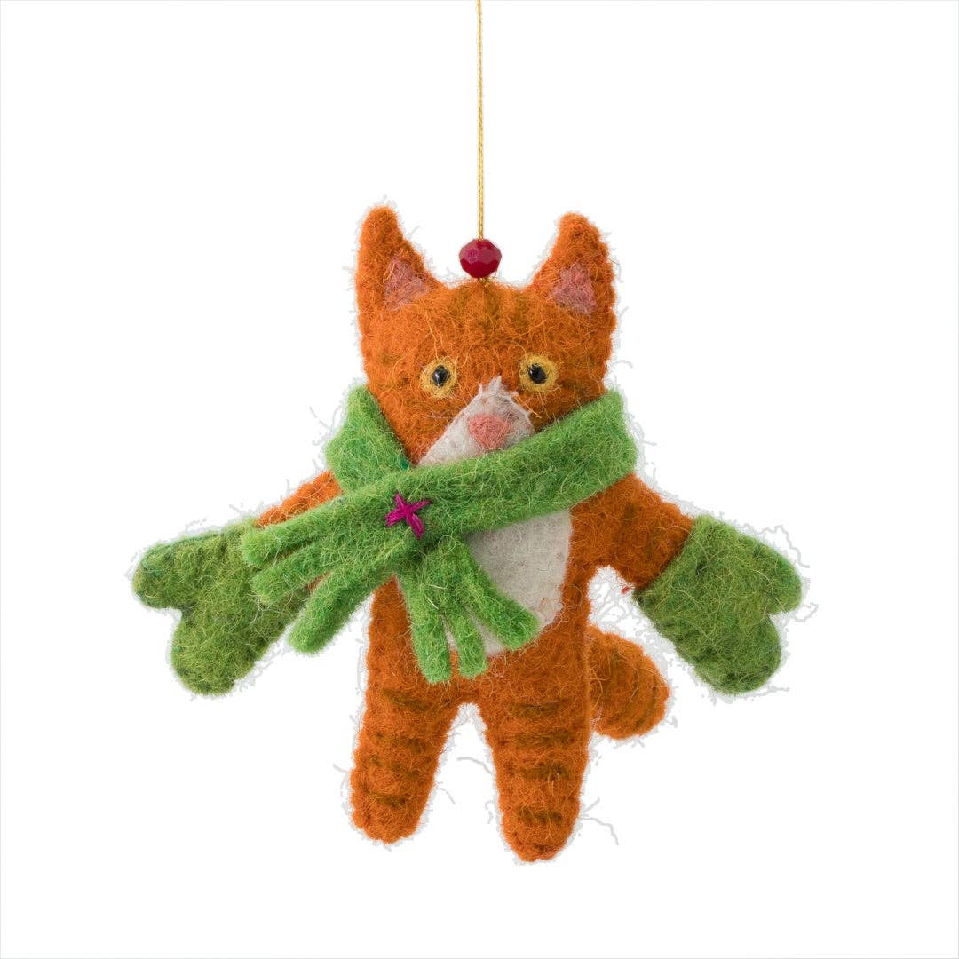 Handmade felt ginger kitten wearing green mittens and scarf hanging decoration