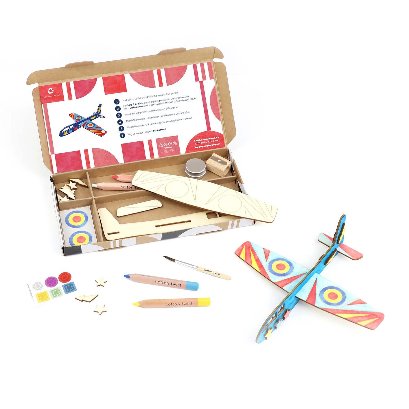 Cotton Twist Make Your Own Plane Craft Kit box, showcasing the eco-friendly packaging and product details.