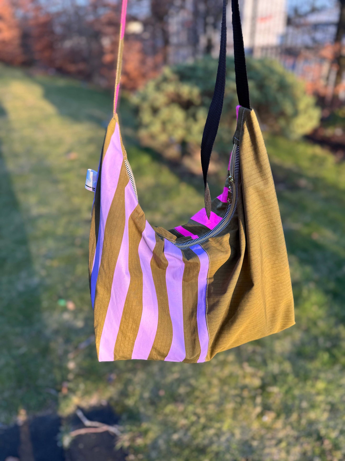 Khaki Pink Stripe Crossbody Bag, side view