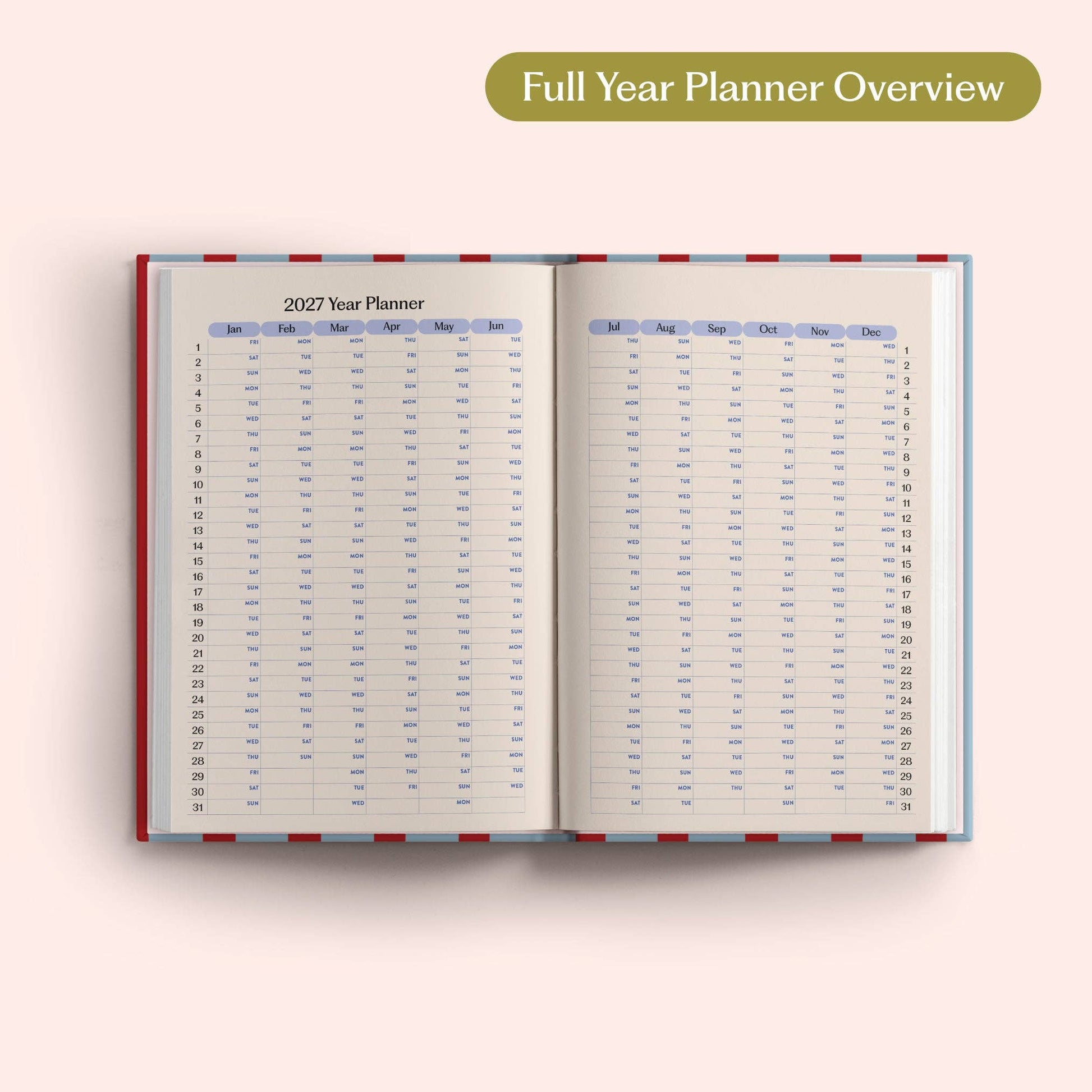Monthly overview page of 2027 striped diary