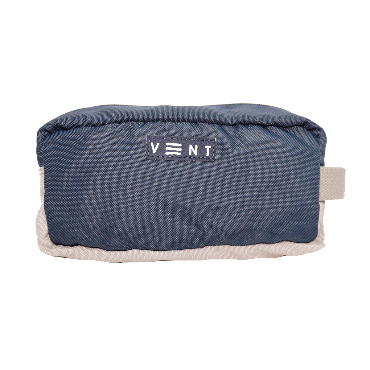 Internal pocket and compartment divider inside navy cosmetics bag