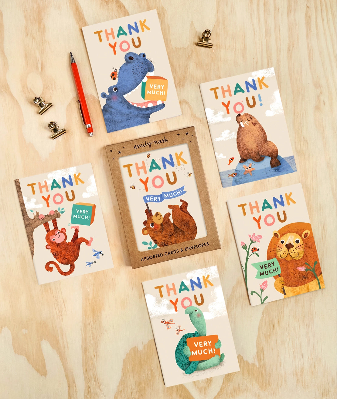 Six assorted colourful animal thank you cards for kids