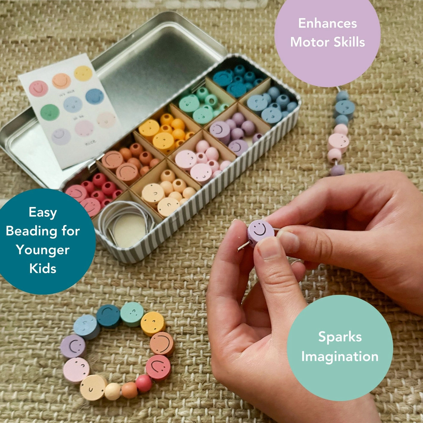 It's Nice To Be Nice bracelet kit for kids, plastic free, with smiley face wooden beads