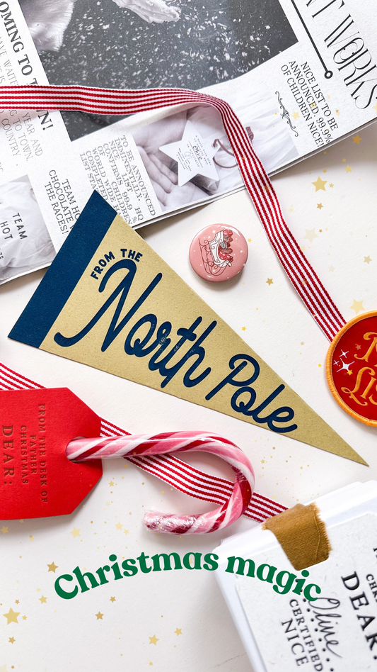 Letterpress “From the North Pole” pennant card by Soch & Co., blank reverse for message, airmail envelope, biodegradable cello.