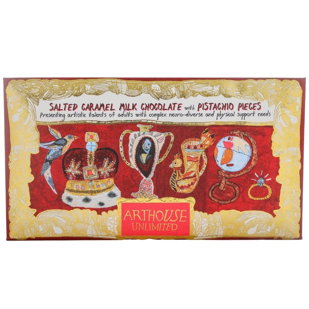 Cabinet of Curiosities Salted Caramel Milk Chocolate with Pistachio Pieces front packaging