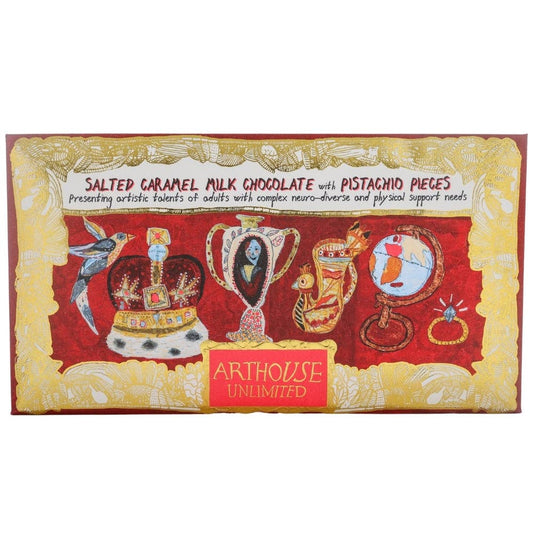 Cabinet of Curiosities Salted Caramel Milk Chocolate with Pistachio Pieces front packaging