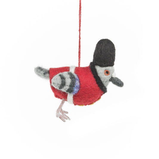 Hanging handmade felt Beefeater pigeon decoration, red uniform. Eco-friendly, fair trade.