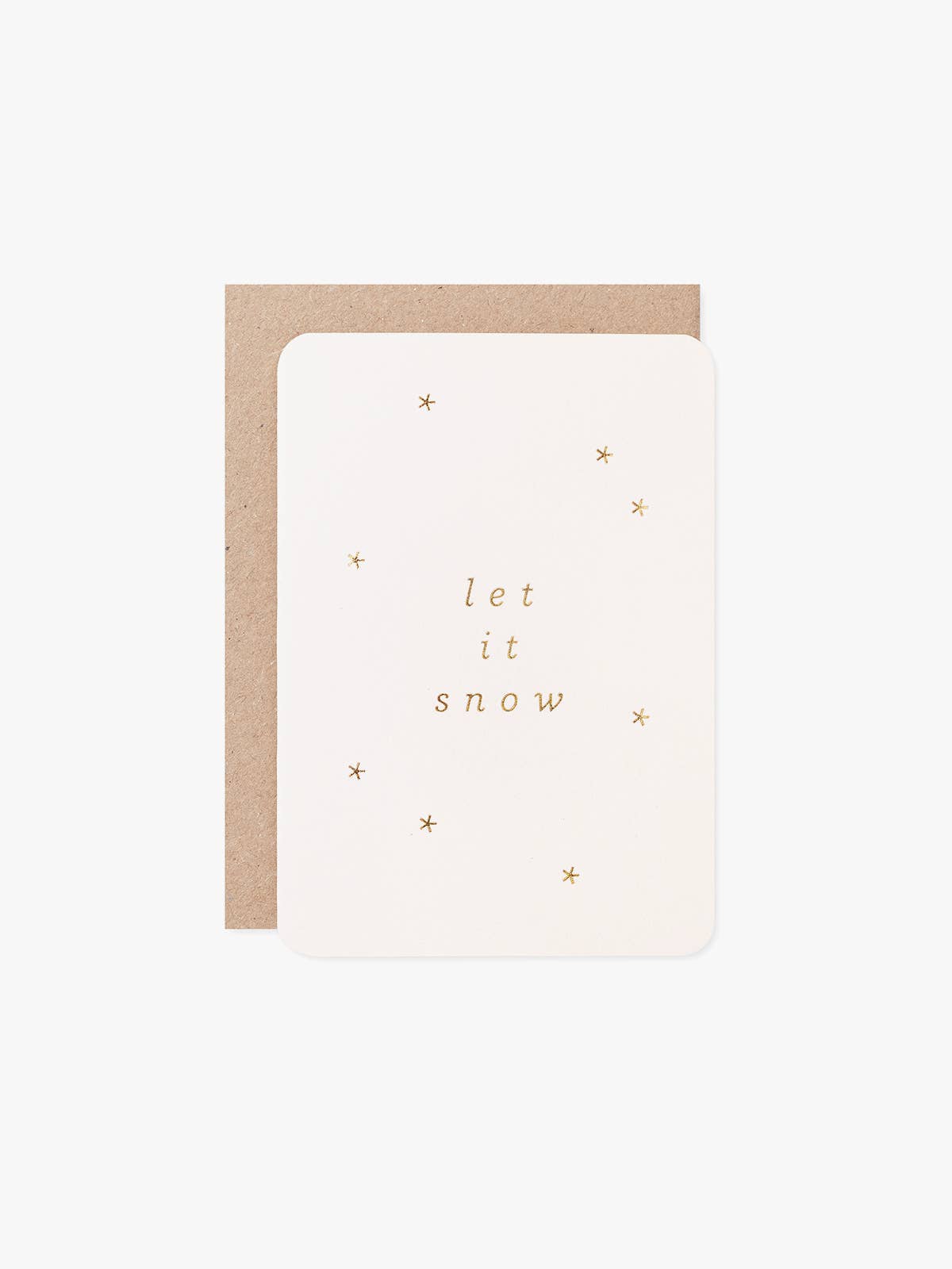 Let It Snow Mini Christmas Card by Another Loop, hot foil pressed gold stars, recycled coffee cup card stock, A7 size, eco-friendly, vintage typewriter art style