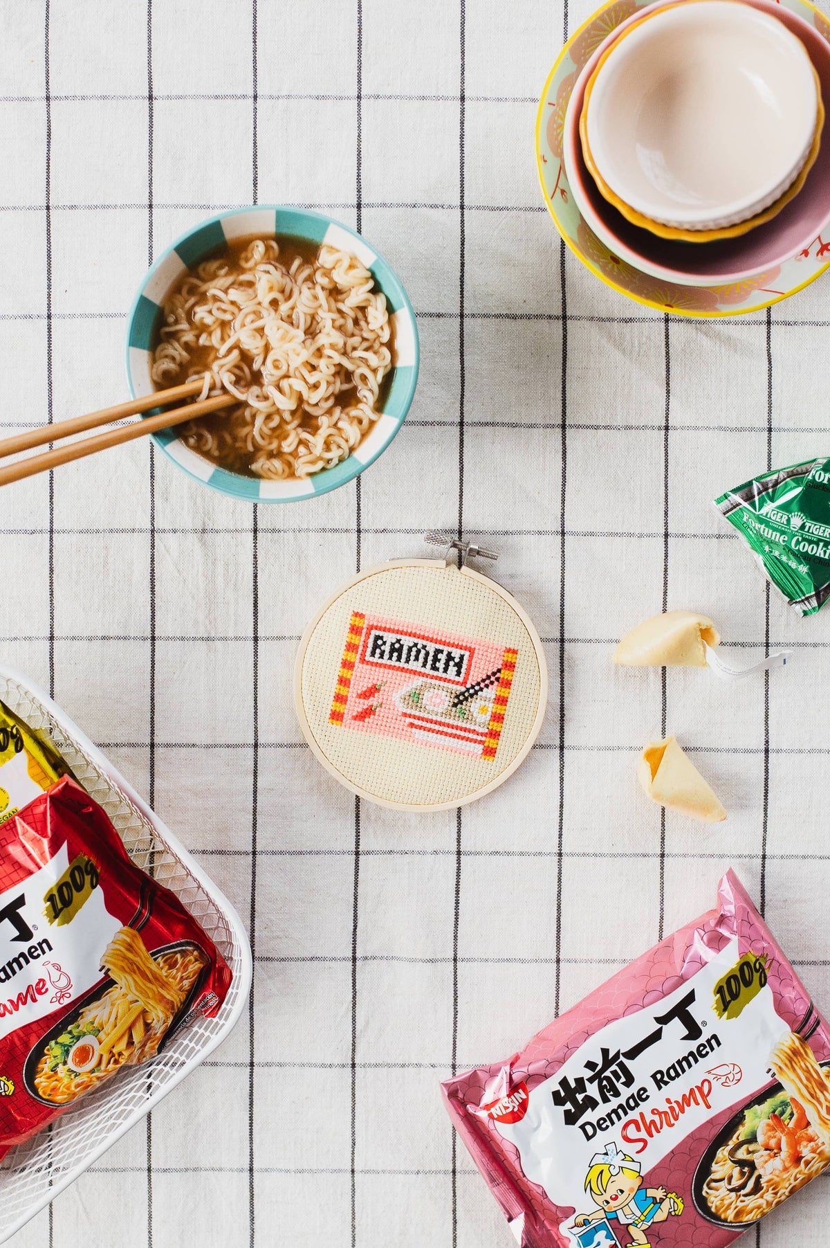 Eco friendly plastic free packaging for Ramen cross stitch kit