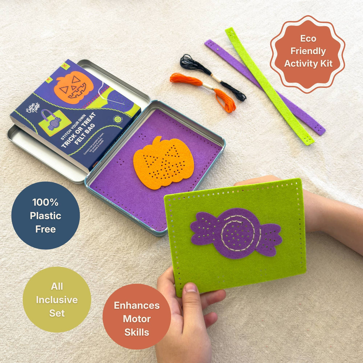 Contents of the children's Halloween sewing kit showing felt panels and threads