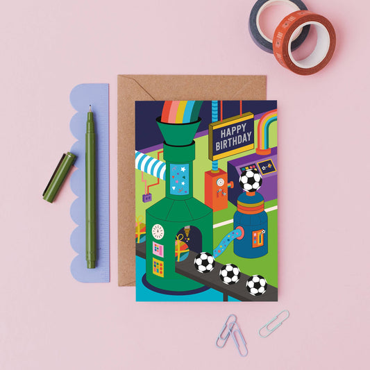Sustainable football-themed birthday card with lively machines, recycled kraft envelope, made in the UK