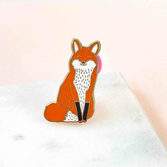 Fox Enamel Pin by Sarah Frances, 1.18 inch hard enamel pin with gold metal and pink rubber clutch back, nature-inspired accessory