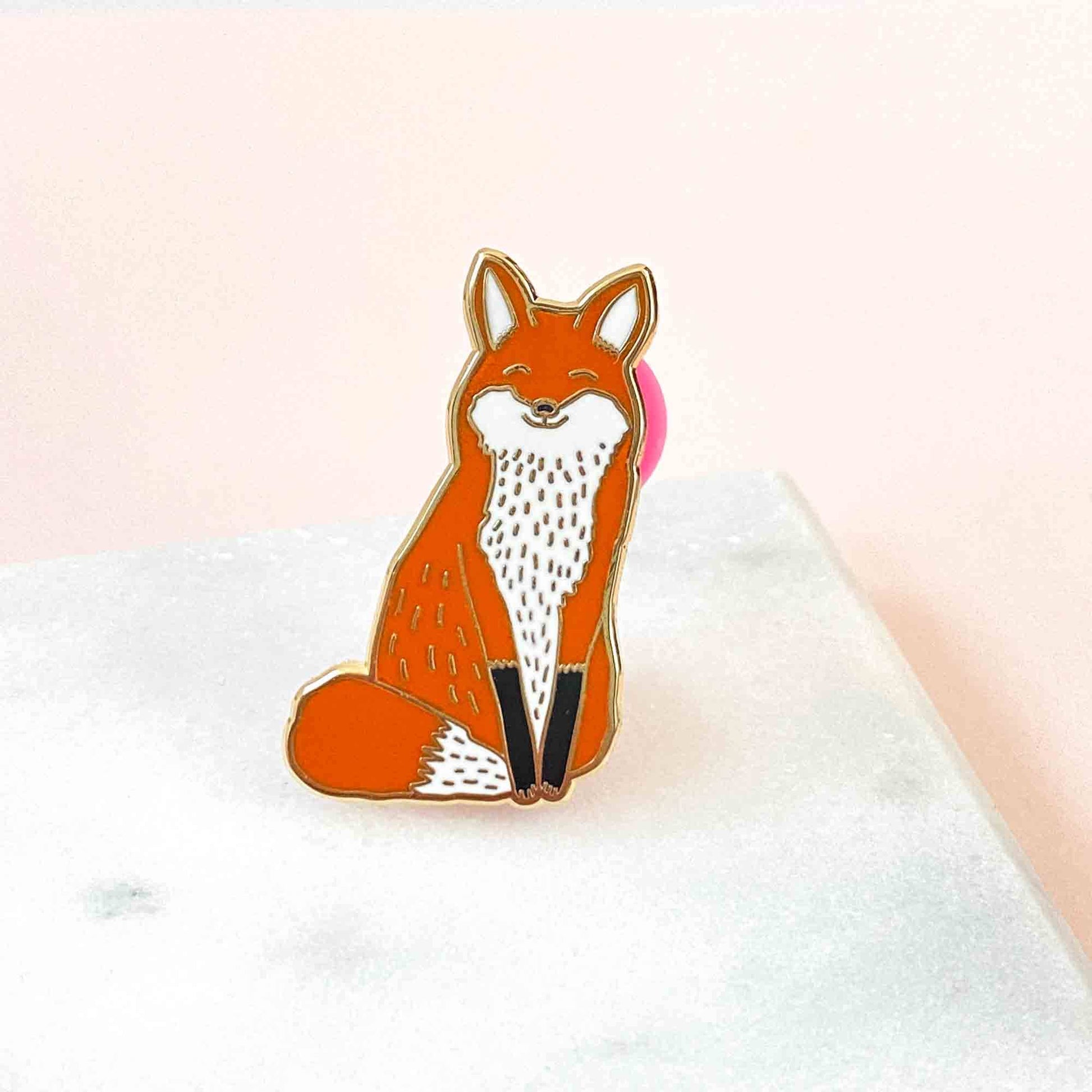 Fox Enamel Pin by Sarah Frances, 1.18 inch hard enamel pin with gold metal and pink rubber clutch back, nature-inspired accessory
